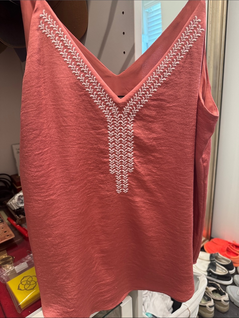 Express Coral Tank with White V-Stitch Embroidery